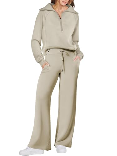 Dames herfstlounge set in lichtkaki: wijde pijpen broek en lange mouwen top, ideaal voor reizen.