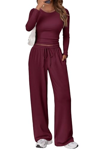 Gecoördineerde 2-delige outfitset voor dames - top met lange mouwen en wijde pijpen, zachte bijpassende loungeset - M / wijnrood