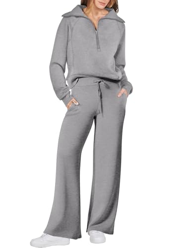 Dames herfstlounge set in grijs: wijde pijpen broek en lange mouwen top, ideaal voor reizen.