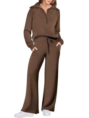 Dames herfstlounge set in bruin: wijde pijpen broek en lange mouwen top, ideaal voor reizen.