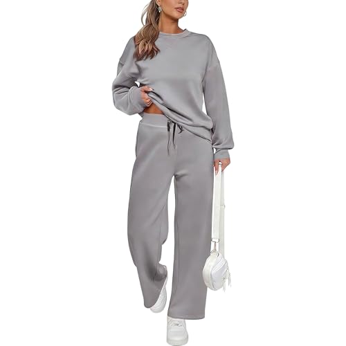 Trainingssets voor dames, 2 delige set: casual trui met lange mouwen, elastische taille en wijde pijpen. - XL / Lichtgrijs