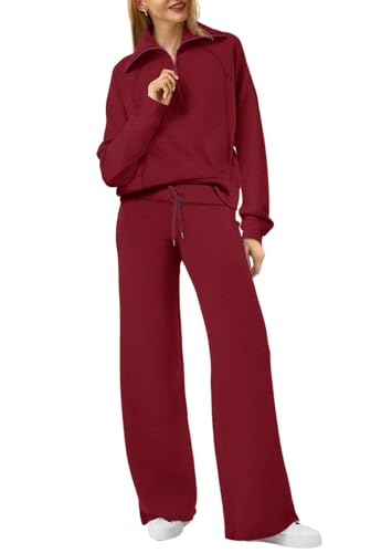 Dames herfstlounge set in bordeaux: wijde pijpen broek en lange mouwen top, ideaal voor reizen.