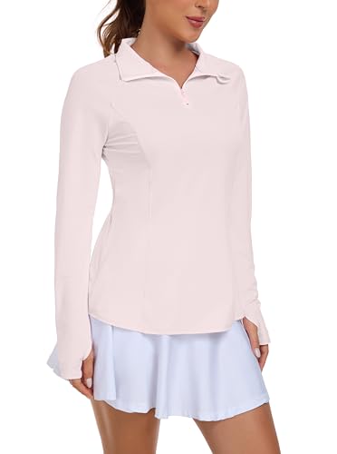IWOLLENCE Hardloopshirt voor dames, lange mouwen, losse pasvorm, sportjack, functioneel shirt, sportshirt, uv-beschermingsshirt UPF 50+, UV 1/4 ritssluiting met duimgaten en verborgen zak rechts - XL / Lichtroze