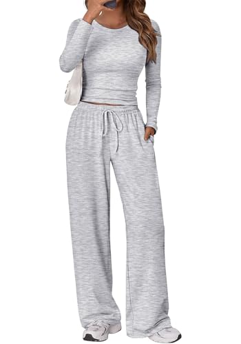 Gecoördineerde 2-delige outfitset voor dames - top met lange mouwen en wijde pijpen, zachte bijpassende loungeset - S / Lichtgrijs