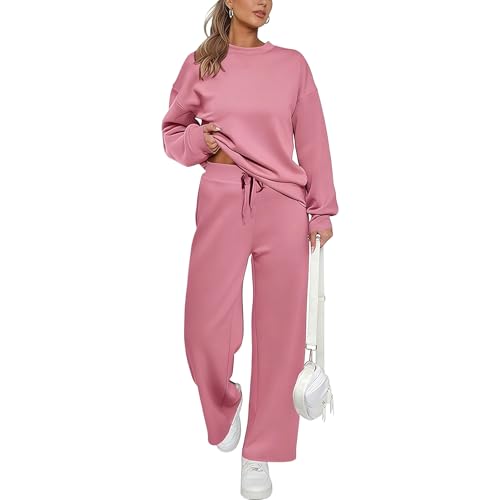 Trainingssets voor dames, 2 delige set: casual trui met lange mouwen, elastische taille en wijde pijpen. - XL / Roze