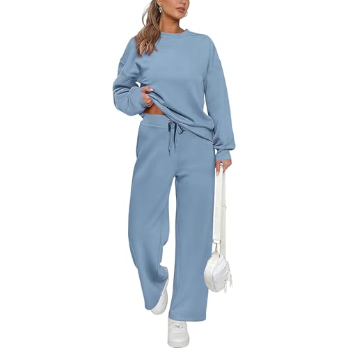 Trainingssets voor dames, 2 delige set: casual trui met lange mouwen, elastische taille en wijde pijpen. - XL / Blauw