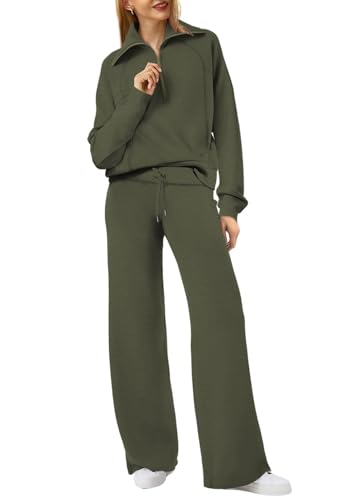 Dames herfstlounge set in legergroen: wijde pijpen broek en lange mouwen top, reis- en luchthavenkleding.