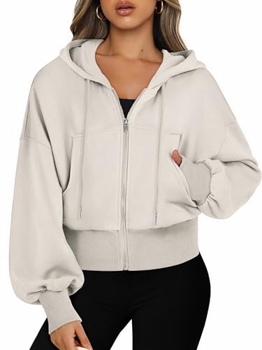 Jhsnjnr Sweatjack voor dames met capuchon, lange mouwen, capuchon, sweatshirt, ritssluiting, sport, korte jas, crop rits, hoodie - L / Witte abrikoos