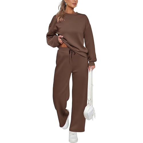 Trainingssets voor dames, 2 delige set: casual trui met lange mouwen, elastische taille en wijde pijpen. - XL / Koffie