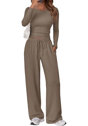 Gecoördineerde 2-delige outfitset voor dames - top met lange mouwen en wijde pijpen, zachte bijpassende loungeset - M / Lichtbruin