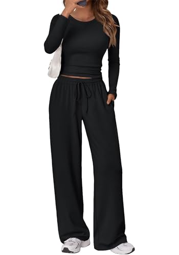 Gecoördineerde 2-delige outfitset voor dames - top met lange mouwen en wijde pijpen, zachte bijpassende loungeset - M / Zwart