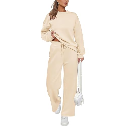 Trainingssets voor dames, 2 delige set: casual trui met lange mouwen, elastische taille en wijde pijpen. - XL / Khaki