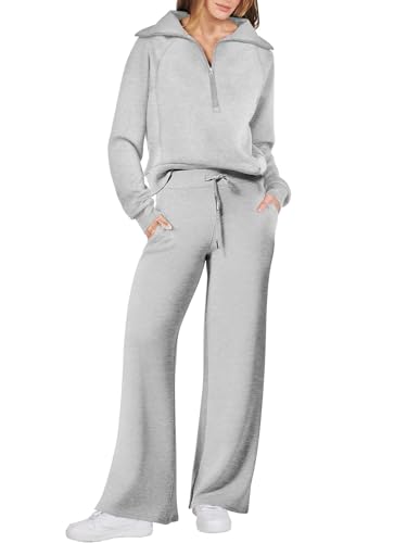 Dames herfstlounge set in lichtgrijs: wijde pijpen broek en lange mouwen top, geschikt voor reizen.