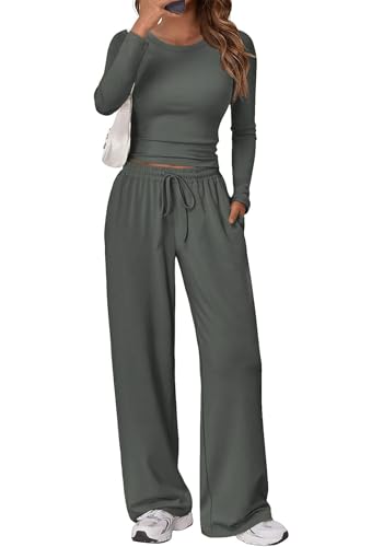 Gecoördineerde 2-delige outfitset voor dames - top met lange mouwen en wijde pijpen, zachte bijpassende loungeset - M / Donkergrijs