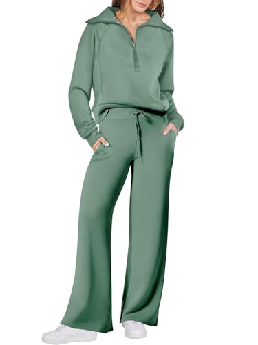 Dames herfstlounge set in lichtgroen: wijde pijpen broek en lange mouwen top, geschikt voor reizen.