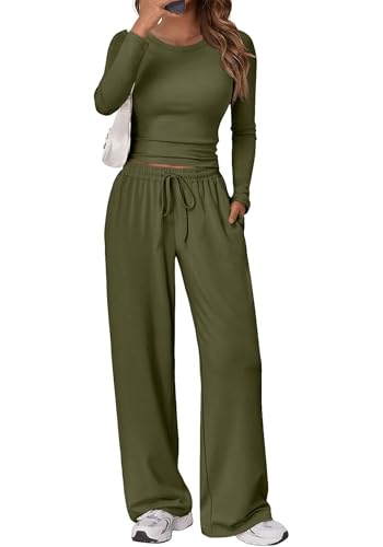 Gecoördineerde 2-delige outfitset voor dames - top met lange mouwen en wijde pijpen, zachte bijpassende loungeset - M / Militair Groen