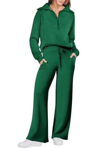 Dames herfstlounge set in groen: wijde pijpen broek en lange mouwen top, geschikt voor reizen en luchthaven.