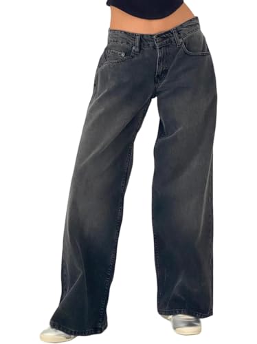 Straight Leg jeans voor dames, lage taille, brede pijpen, baggy jeans, losse boyfriend jeans, Y2K Low Waist Jeans - M / Grijs