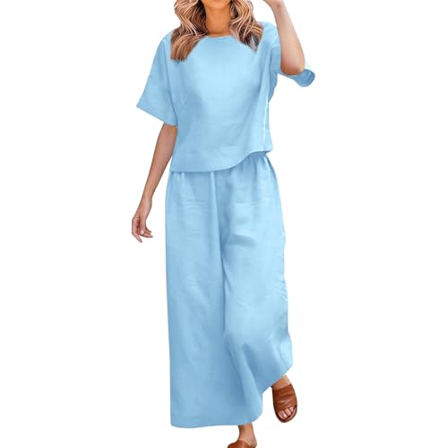 Tweedelige linnen set voor vrouwen, plus size, korte mouw top met ronde hals, elastische broek, zomer loungewear, lichtblauw