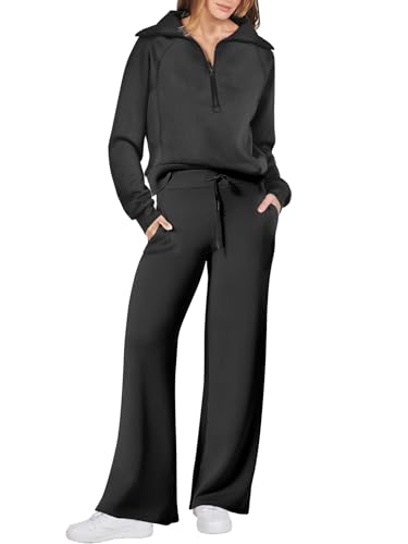 Dames herfstlounge set in zwart: wijde pijpen broek en lange mouwen top, ideaal voor reizen.