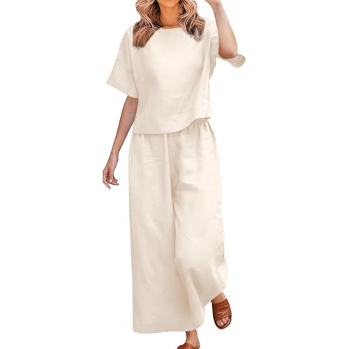 Tweedelige linnen set voor vrouwen, plus size, korte mouw top met ronde hals, elastische broek, zomer loungewear, beige