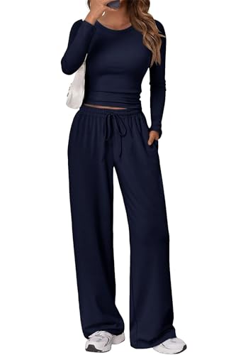 Gecoördineerde 2-delige outfitset voor dames - top met lange mouwen en wijde pijpen, zachte bijpassende loungeset - M / Donkerblauw