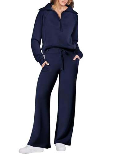 Dames herfstlounge set in donkerblauw: wijde pijpen broek en lange mouwen top, geschikt voor reizen.