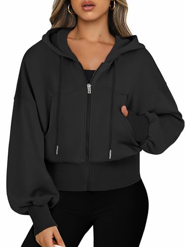 Jhsnjnr Sweatjack voor dames met capuchon, lange mouwen, capuchon, sweatshirt, ritssluiting, sport, korte jas, crop rits, hoodie - S / Zwart