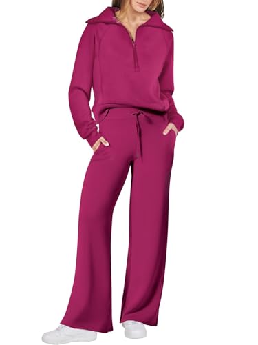 Dames herfstlounge set in rozerood: wijde pijpen broek en lange mouwen top, geschikt voor reizen.
