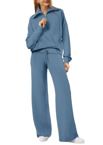 Dames herfstlounge set in blauw-grijs: wijde pijpen broek en lange mouwen top, geschikt voor reizen.
