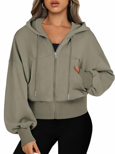 Jhsnjnr Sweatjack voor dames met capuchon, lange mouwen, capuchon, sweatshirt, ritssluiting, sport, korte jas, crop rits, hoodie - S / Hazy Green