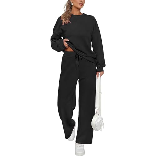Trainingssets voor dames, 2 delige set: casual trui met lange mouwen, elastische taille en wijde pijpen. - XL / Zwart