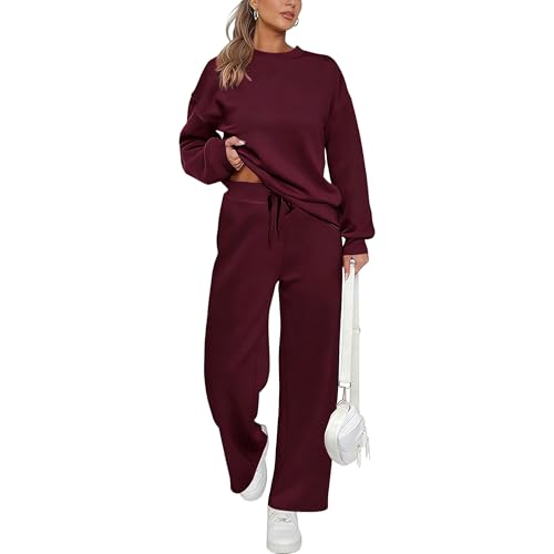 Trainingssets voor dames, 2 delige set: casual trui met lange mouwen, elastische taille en wijde pijpen. - XL / Wijnrood