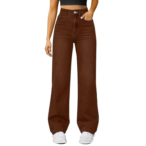 Generisch Baggy jeans voor dames, rechte pijpen, lange wijde pijpen, jeans, hoge taille, jeans, lichte oversized denimbroek met knoopsluiting, zakken, losse warme vrijetijdsbroek voor dames, hoge - #001 Bruin / S