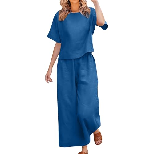 Tweedelige linnen set voor vrouwen, plus size, korte mouw top met ronde hals, elastische broek, zomer loungewear, blauw