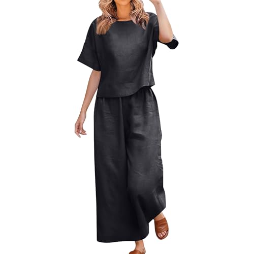 Tweedelige linnen set voor vrouwen, plus size, korte mouw top met ronde hals, elastische broek, zomer loungewear, zwart