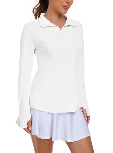 IWOLLENCE Hardloopshirt voor dames, lange mouwen, losse pasvorm, sportjack, functioneel shirt, sportshirt, uv-beschermingsshirt UPF 50+, UV 1/4 ritssluiting met duimgaten en verborgen zak rechts - XL / Wit
