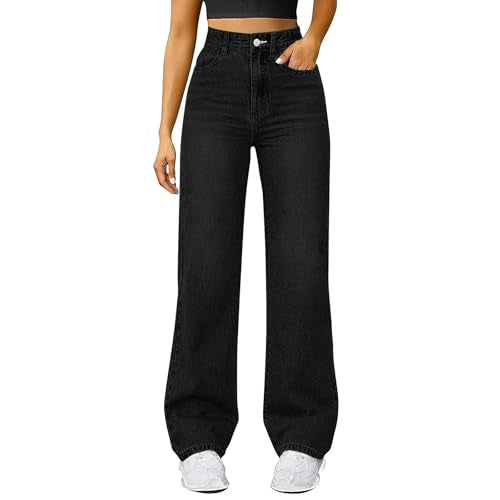 Generisch Baggy jeans voor dames, rechte pijpen, lange wijde pijpen, jeans, hoge taille, jeans, lichte oversized denimbroek met knoopsluiting, zakken, losse warme vrijetijdsbroek voor dames, hoge - #001 zwart. / S
