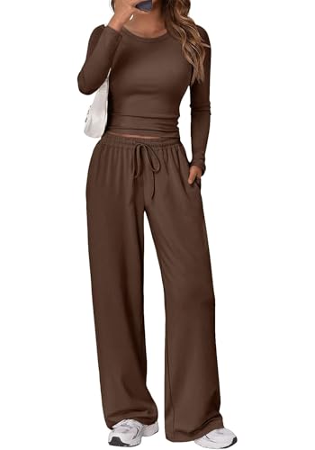Gecoördineerde 2-delige outfitset voor dames - top met lange mouwen en wijde pijpen, zachte bijpassende loungeset - M / KOFFIE BRON