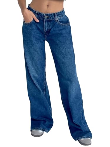 Straight Leg jeans voor dames, lage taille, brede pijpen, baggy jeans, losse boyfriend jeans, Y2K Low Waist Jeans - M / donkerblauw