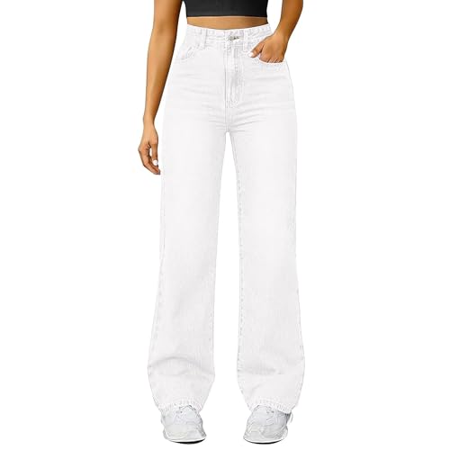 Generisch Baggy jeans voor dames, rechte pijpen, lange wijde pijpen, jeans, hoge taille, jeans, lichte oversized denimbroek met knoopsluiting, zakken, losse warme vrijetijdsbroek voor dames, hoge - #001 wit / S