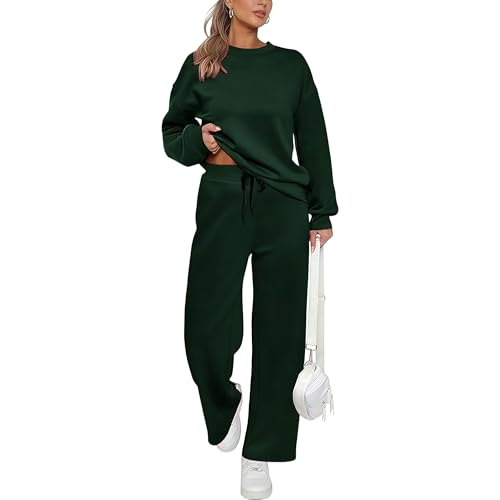 Trainingssets voor dames, 2 delige set: casual trui met lange mouwen, elastische taille en wijde pijpen. - XL / Groente