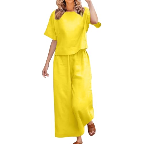 Tweedelige linnen set voor vrouwen, plus size, korte mouw top met ronde hals, elastische broek, zomer loungewear, geel