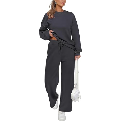 Trainingssets voor dames, 2 delige set: casual trui met lange mouwen, elastische taille en wijde pijpen. - XL / Donkergrijs