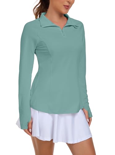 IWOLLENCE Hardloopshirt voor dames, lange mouwen, losse pasvorm, sportjack, functioneel shirt, sportshirt, uv-beschermingsshirt UPF 50+, UV 1/4 ritssluiting met duimgaten en verborgen zak rechts - M / lichtgroen