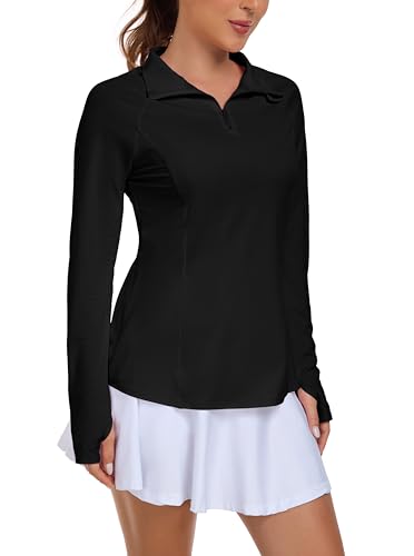 IWOLLENCE Hardloopshirt voor dames, lange mouwen, losse pasvorm, sportjack, functioneel shirt, sportshirt, uv-beschermingsshirt UPF 50+, UV 1/4 ritssluiting met duimgaten en verborgen zak rechts - XL / Zwart