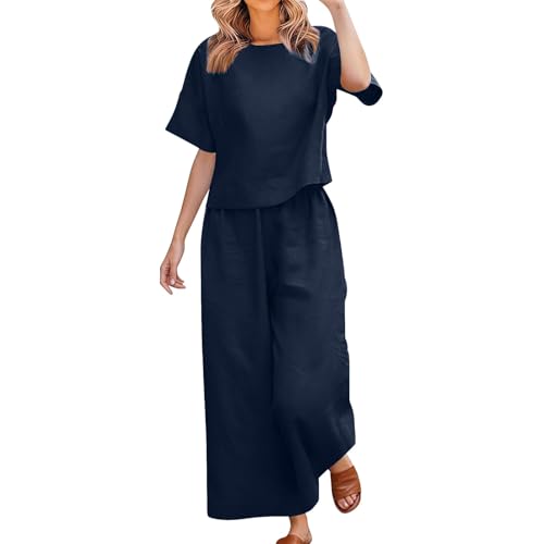 Tweedelige linnen set voor vrouwen, plus size, korte mouw top met ronde hals, elastische broek, zomer loungewear, donkerblauw
