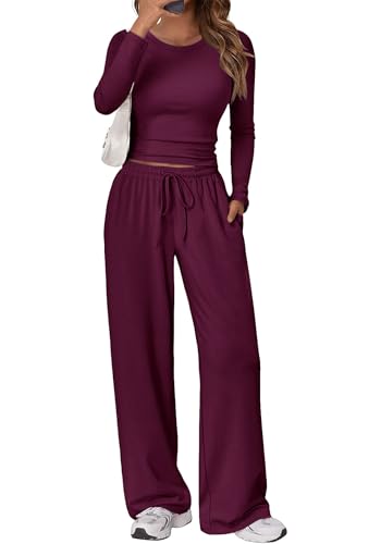 Gecoördineerde 2-delige outfitset voor dames - top met lange mouwen en wijde pijpen, zachte bijpassende loungeset - M / Roze paars