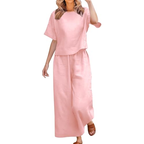 Tweedelige linnen set voor vrouwen, plus size, korte mouw top met ronde hals, elastische broek, zomer loungewear, roze