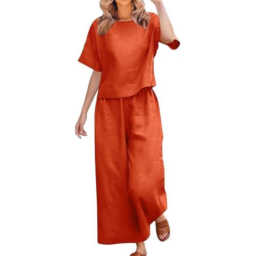 Tweedelige linnen set voor vrouwen, plus size, korte mouw top met ronde hals, elastische broek, zomer loungewear, rood